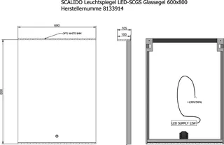 SCALIDO-Leuchtspiegel LED-SCGS Glassegel Brillantmod/Lichtw/Schalt 600x800x100mm – Bild 2