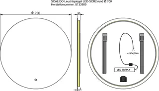SCALIDO-Leuchtspiegel LED-SCR2 rund mit Hintergrundbel./Lichtw./Schalter 700mm – Bild 2