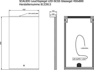 SCALIDO-Leuchtspiegel LED-SCGS Glassegel Brillantmod/Lichtw/Schalt 450x800x100mm – Bild 2