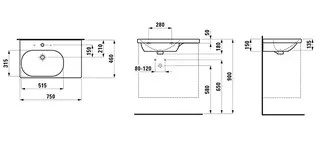 Laufen Waschtisch LUA 460x750x180 asym. Becken links 1 Hahnloch mit Überlauf weiß – Bild 2