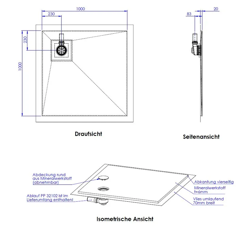 SD barr-frei Dusche Mineral 001 Round 1000x1000 mm, Abkant. 20 mm, Ablaufpos.