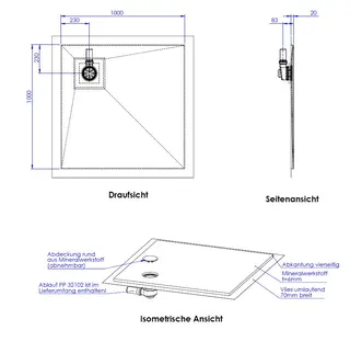SD barr-frei Dusche Mineral 001 Round 1000x1000 mm, Abkant. 20 mm, Ablaufpos.