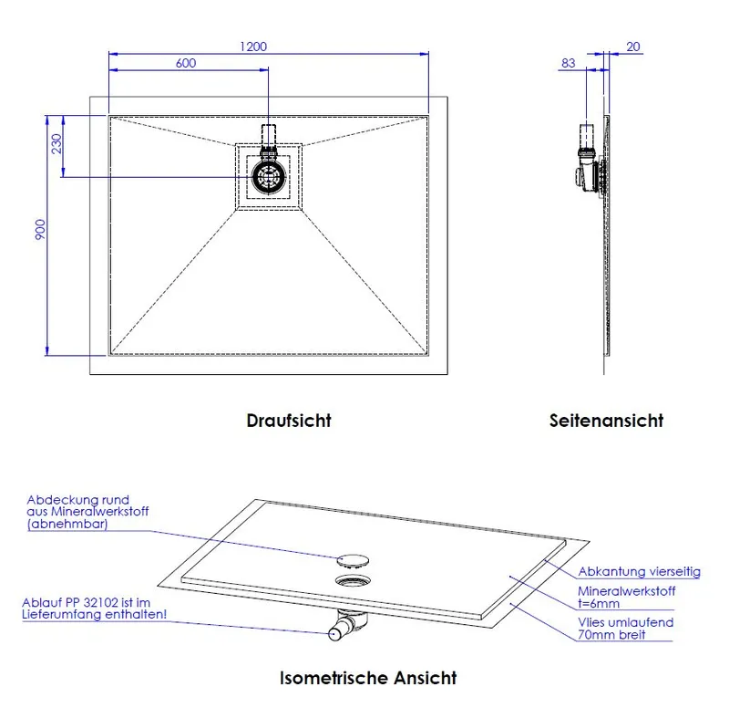 SD barr-frei Dusche Mineral 001 Round 1200x900 mm, Abkant. 20 mm, Ablaufpos. 6