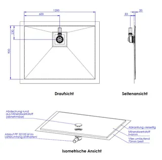 SD barr-frei Dusche Mineral 001 Round 1200x900 mm, Abkant. 20 mm, Ablaufpos. 6