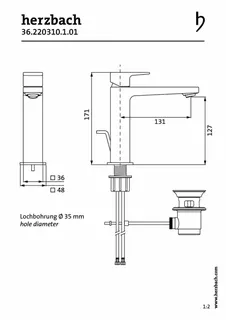 CEO iX-finish Waschtisch-Einlochbatterie M-Size mit Ablauf Edelstahlfinish – Bild 2