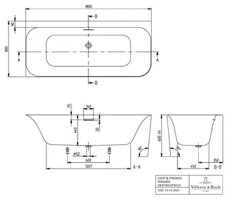 Villeroy & Boch Vorwand-Badewanne Loop&Friends LSF 1800x800 x600mm SQUARE linke Ausführung we Alpin – Bild 4