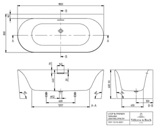 Villeroy & Boch Vorwand-Badewanne Loop&Friends LOF 1800x800x600mm OVAL CoD Stone White – Bild 4