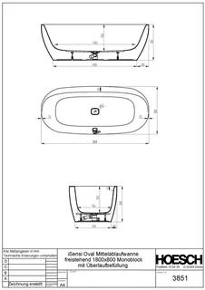 Hoesch Badewanne iSensi Oval 1800x800 fr.Bef. Monolith, ang. Sch. Weiß – Bild 3