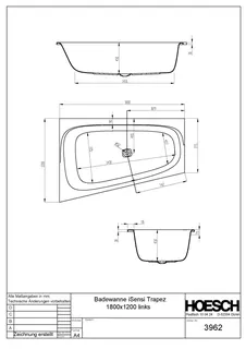 Hoesch Badewanne iSensi Trapez 1800x1200 links Weiß – Bild 3