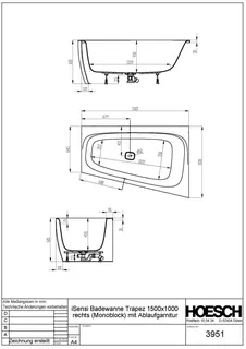 Hoesch Badewanne iSensi Trapez 1500x1000 Monolith rechts mit Überlaufschlitz, ang. Sch. – Bild 3