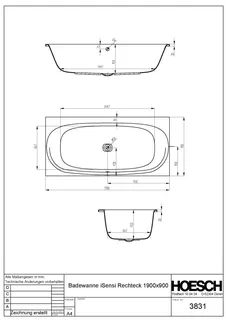 Hoesch Badewanne iSensi Rechteck 1900x900 Weiß – Bild 3