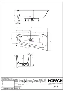 Hoesch Badewanne iSensi Trapez 1700x1000 Monolith rechts mit Überlaufschlitz, ang. Sch. – Bild 3