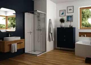 Hoesch DA nUnity Eckversion 900x900 Eckeinstieg mit Schiebetüren und Armatur
