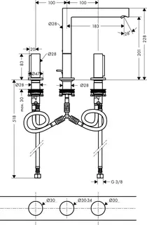 Hansgrohe 3-Loch Waschtischarmatur 200 Axor Uno Zerogriff BN – Bild 3