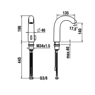 Laufen elektron.WT-Mischer CURVETRONIC Ausl. 135mm Temp regelbar Batt.+Netz edelstahl