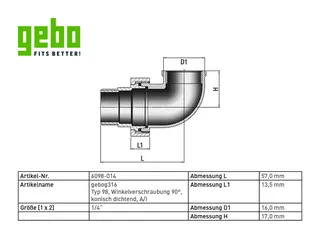 gebog316 Edelstahl-Gewindefitting 98 -W.-Verschr. 90 konisch 1/4" – Bild 3