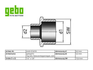 gebog316 Edelstahl-Gewindefitting 245 -Reduzierdoppelnippel 1/4" x 1/8" – Bild 2