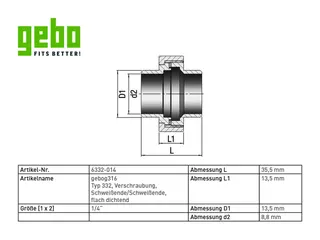 gebog316 Edelstahl-Gewindefitting 332 Verschr. flach 1/4", Schweißende – Bild 2