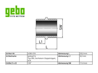 gebog316 Edelstahl-Gewindefitting 280 - Sechskant-Doppelnippel 1/8" – Bild 2