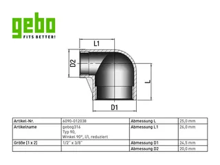 gebog316 Edelstahl-Gewindefitting 90 - Winkel 90 - 1/2" x 3/8", reduz. – Bild 2