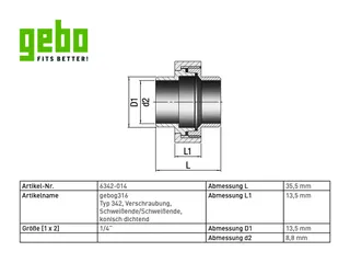 gebog316 Edelstahl-Gewindefitting 342 - Verschr. konisch 1/4",Schweißende – Bild 3