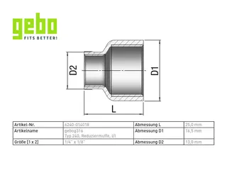 gebog316 Edelstahl-Gewindefitting 240 - Reduziermuffe 1/4" x 1/8" – Bild 2