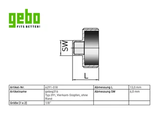 gebog316 Edelstahl-Gewindefitting 291 - Vierkant-Stopfen ohne Rand 1/8" – Bild 2