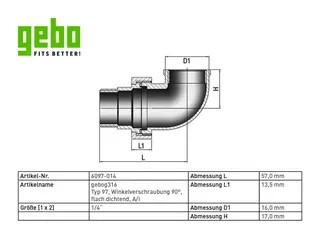 gebog316 Edelstahl-Gewindefitting 97 - W.-Verschr. 90 flach dicht. 1/4" – Bild 3