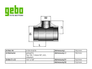 gebog316 Edelstahl-Gewindefitting 130 - T-Stück red. 1/4" x 1/8" – Bild 2