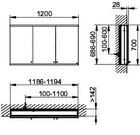ACTIS-Spiegelschrank Alu m LED-Beleucht. 1200x700x160mm 3-türig Wandeinbau – Bild 2