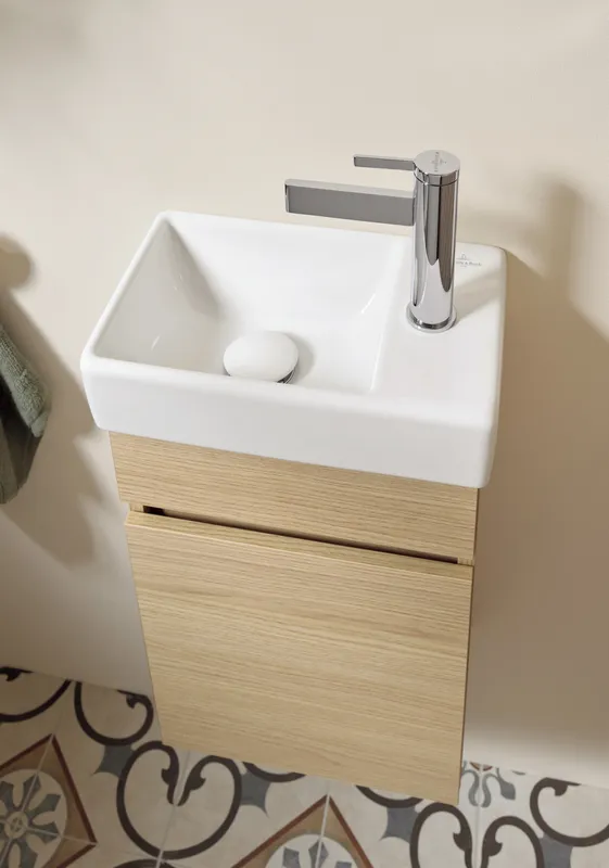 ARTO-Handwaschbecken eckig 360x220mm CeramicPlus Be links 1HL oÜL unterbauf weiß
