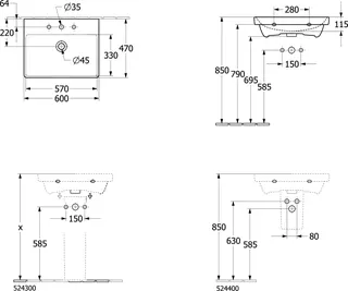 ARTO-Waschtisch eckig 600x470mm 1HL m ÜL CeramicPlus unterbaufähig weiß – Bild 3