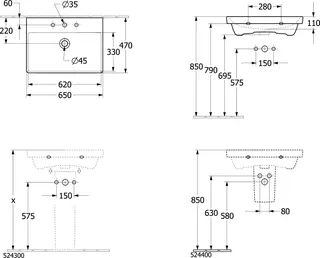 ARTO-Waschtisch eckig 650x470mm 1HL m ÜL CeramicPlus unterbaufähig weiß – Bild 3
