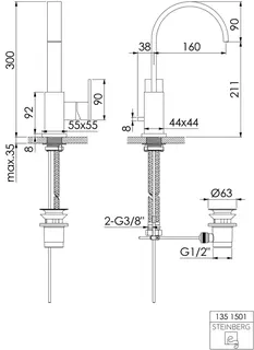 Steinberg Waschtisch-EHM mit Ablaufgarnitur 135 1501 BN, brushed nickel – Bild 2