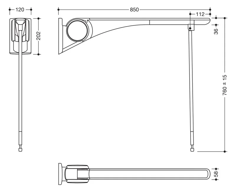 HEWI SK-Griff Basic,850, m.Bodenstütze Montagehöhe h=760mm weiß hgl.- weiß mt