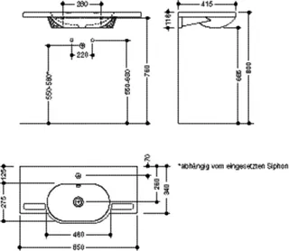 HEWI Waschtisch mit Griffmulden 850 x 415mm, mit Überlauf, 1 Hahnloch – Bild 5