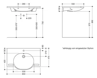 HEWI Waschtisch, B:850mm, T:550mm alpinweiß, mit Überlauf, 1 HL – Bild 2