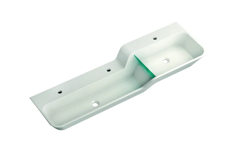 HEWI Waschtisch 1400mm, oberes Becken rechts 3HL, alpinweiß, Stauscheibe blau