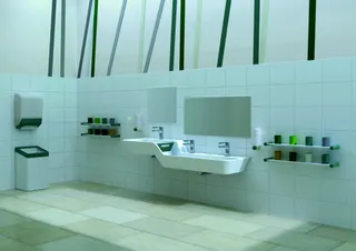 HEWI Waschtisch 1800mm, oberes Becken rechts 4HL, alpinweiß, Stauscheibe blau – Bild 4