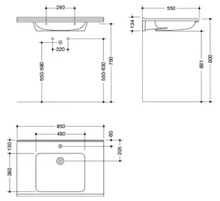 HEWI Waschtisch S-Form, modular ohne Überlauf, 850x550mm, 1 HL – Bild 5