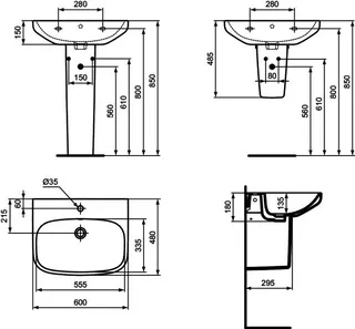 Ideal Standard Waschtisch i.life A 1 Hahnloch mit Überlauf 600x480x150mm Weiß mit IdealPlus – Bild 5