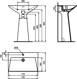 Ideal Standard Säulenwaschtisch Tipo-Z 1 Hahnloch mit Überlauf 740x470x900mm Weiß – Bild 5
