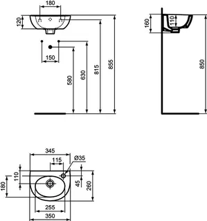 Ideal Standard Handwaschbecken Eurovit, 1 Hahnlochrechts, mit Überlauf, 350x260x160mm, Weiß – Bild 3