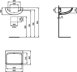 Ideal Standard Waschtisch Contour21+ ohne Hahnloch ohne Überlauf m.rückwärtigem Ablauf 500x400x200mm Weiß – Bild 5