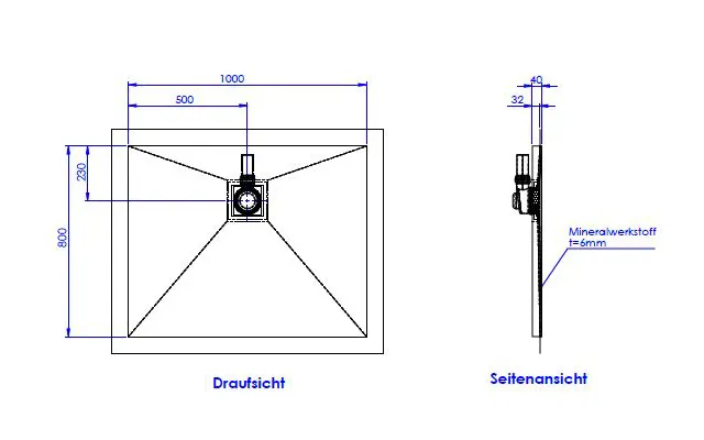 SD barr-frei Dusche Mineral 001 Quadrato 1000x800 mm, Ablaufpos. 500/230 mm