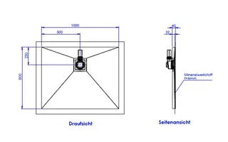 SD barr-frei Dusche Mineral 001 Quadrato 1000x800 mm, Ablaufpos. 500/230 mm