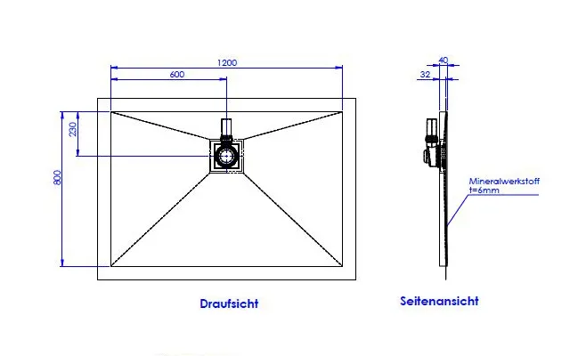 SD barr-frei Dusche Mineral 001 Quadrato 1200x800 mm Ablaufpos. 600/230 mm