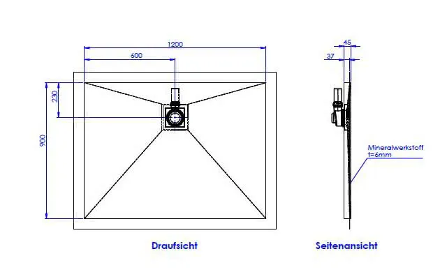 SD barr-frei Dusche Mineral 001 Quadrato 1200x900 mm Ablaufpos. 600/230 mm
