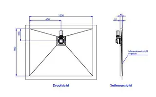 SD barr-frei Dusche Mineral 001 Quadrato 1200x900 mm Ablaufpos. 600/230 mm