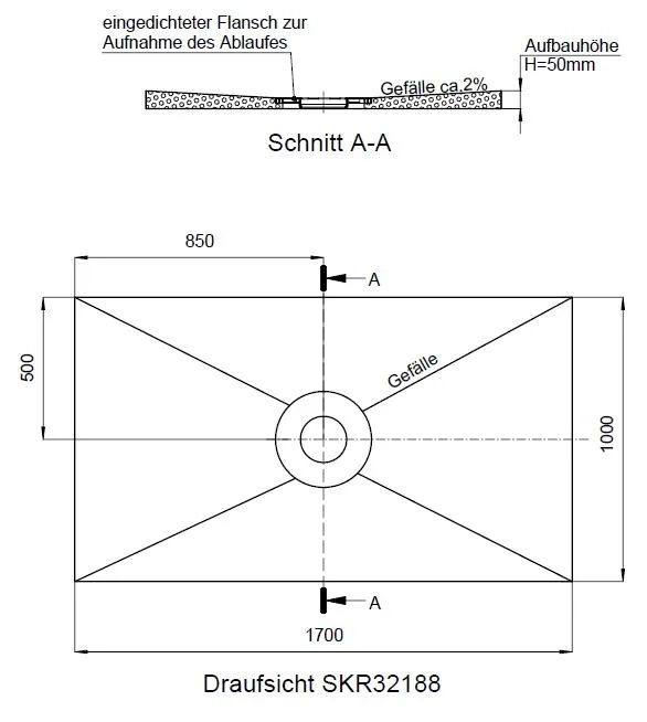 SD barr-frei Dusche PLAN Abl. KESSEL R 1700x1000x50 Abl. mittig